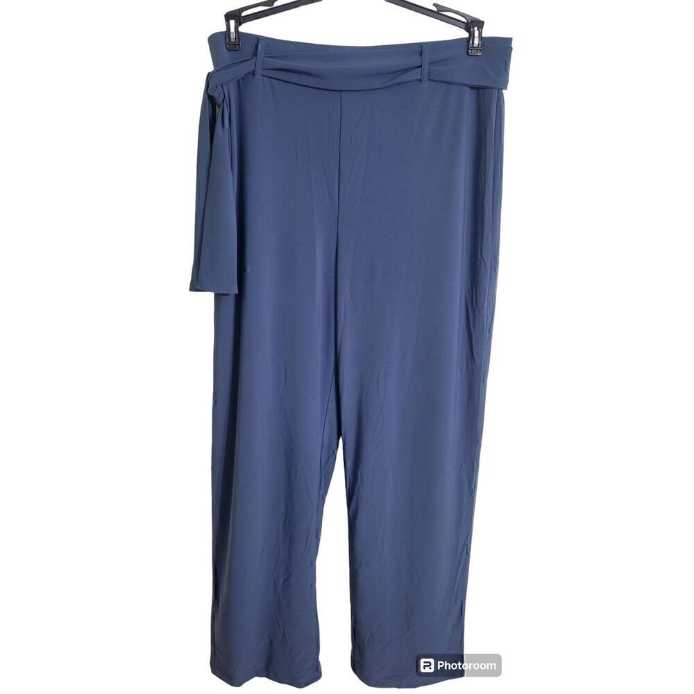 Serengeti Women's Tie Waist Belt Pull On Wide Leg Poly Blend Pants Blue Sz L New